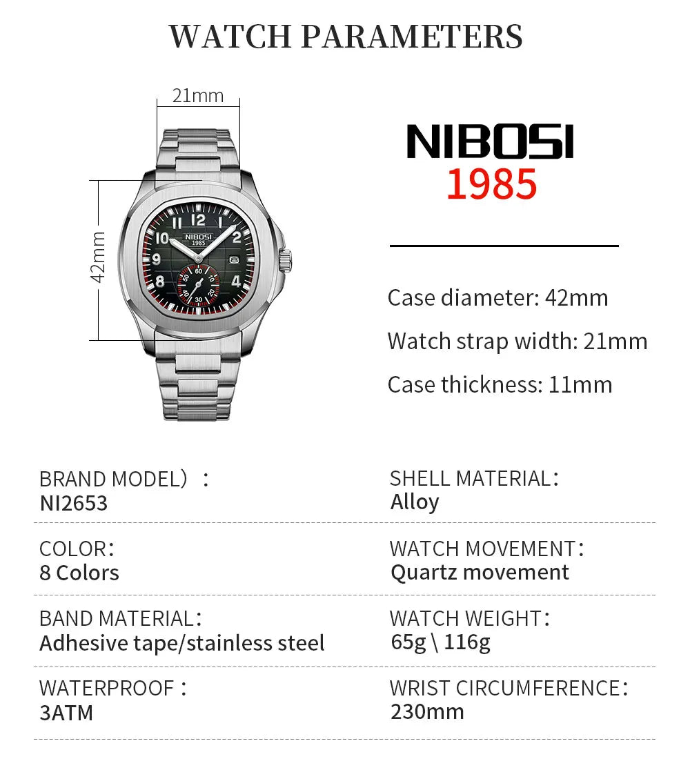 NIBOSI Brand Luxury Men Watch Stainless Steel Luminous Date Watch Rhombus Casual Luminous Watches for Men relogios masculino