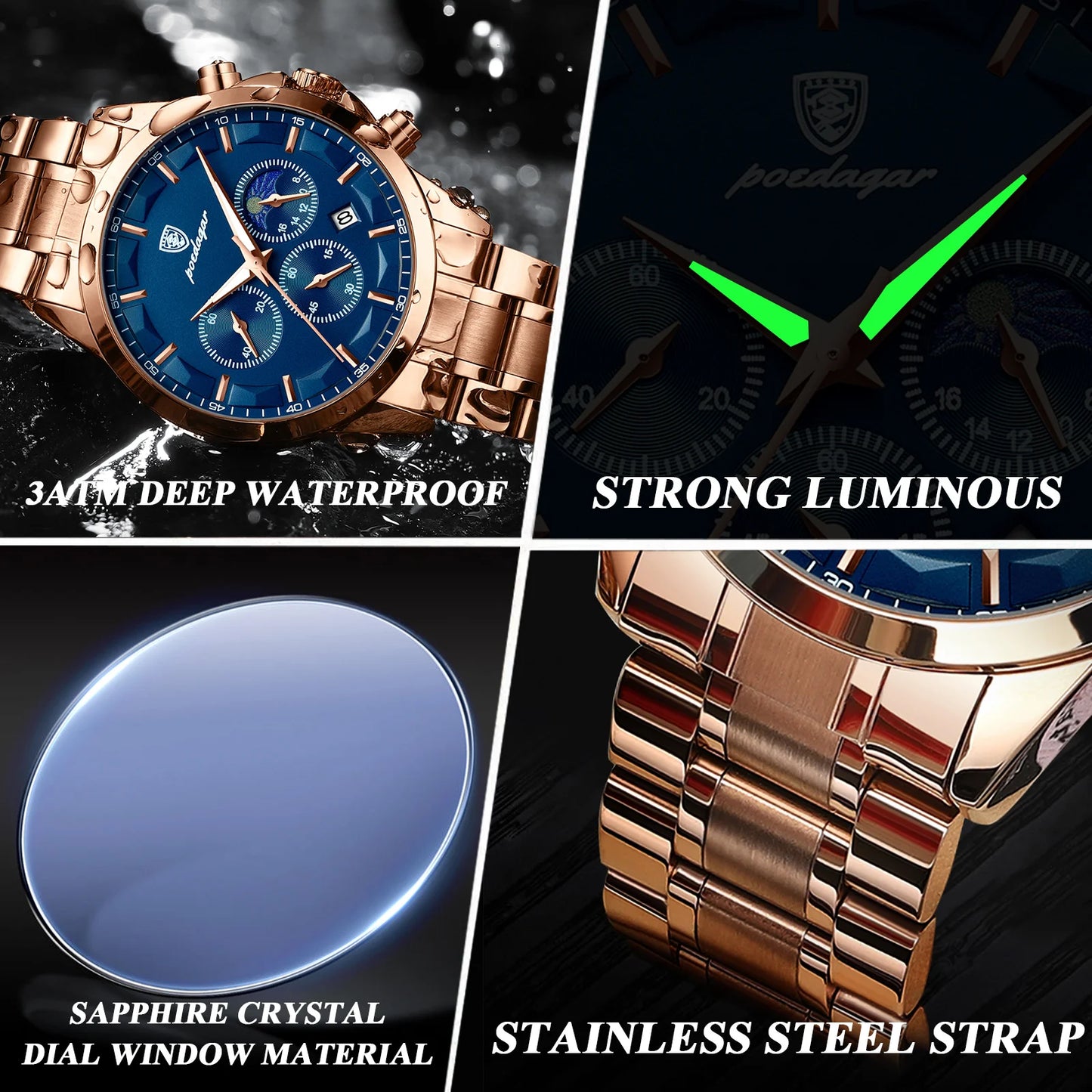 POEDAGAR 2023 Luxury Man Wristwatch Military Waterproof Luminous Chronograph Men Watch Stainless Steel Men's Quartz Watches+box