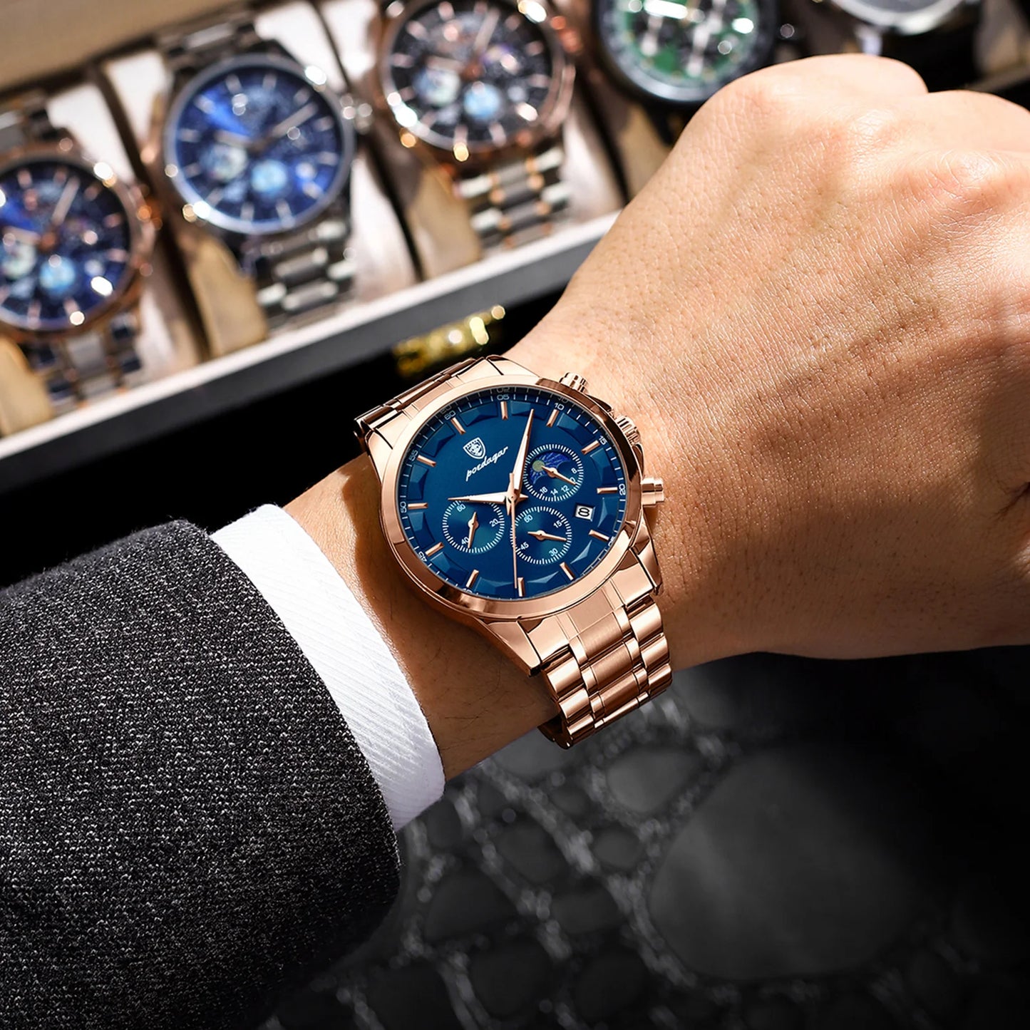 POEDAGAR 2023 Luxury Man Wristwatch Military Waterproof Luminous Chronograph Men Watch Stainless Steel Men's Quartz Watches+box
