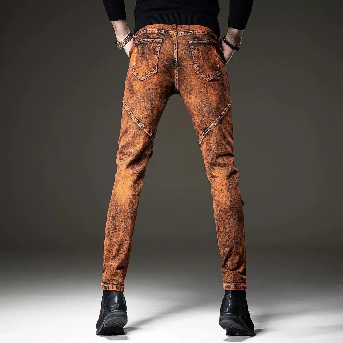 European and American fashion retro style jeans men's nostalgic splicing slim,small feet personalized patch pants Ripped jeans