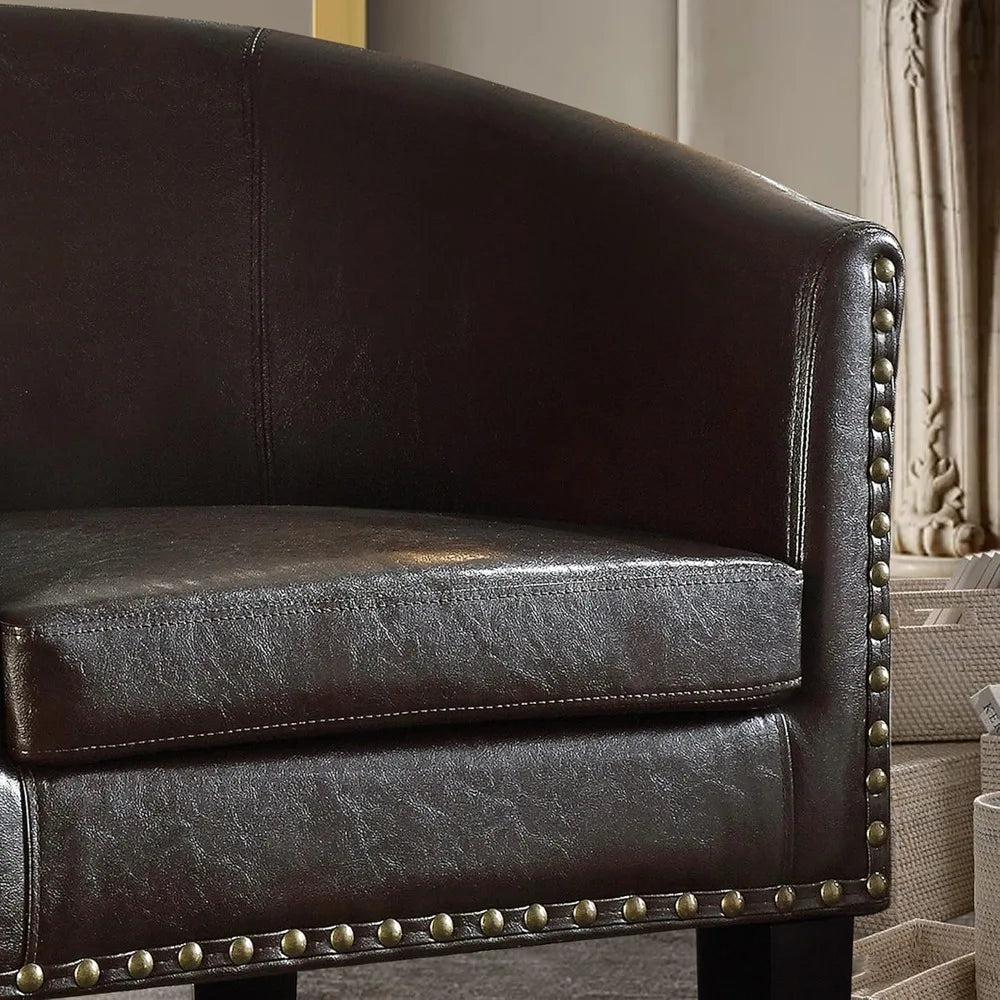 Duilio Club Style Barrel Armchair For Living Room Faux Leather Accent Chair, Leather Brown