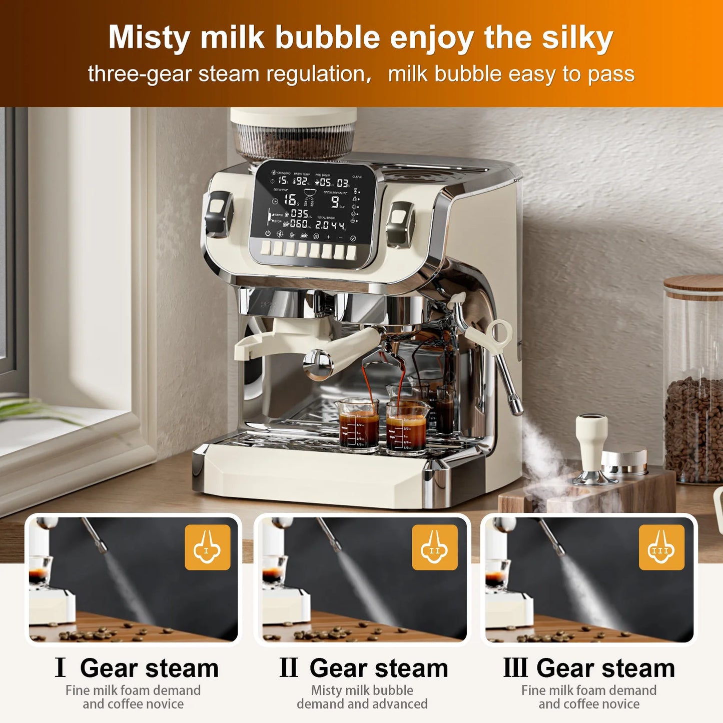 Mcilpoog TC520 Semi Automatic Coffee Machine with Grinder & Steamer, 6-Inch Large Display, Coffee Maker for Home and Office.