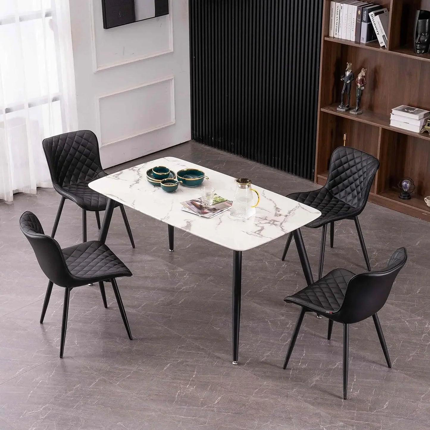 YOUTASTE Black Dining Chairs Set of 2 Mid Century Modern PU Leather Diamond Upholstered Accent Guest Dinner Chair with Back