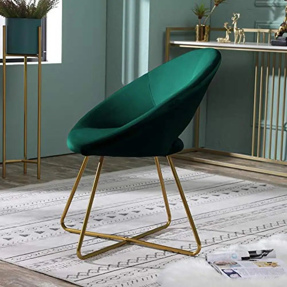 Green Velvet Accent Chair with Curved Back and Gold Tone Base Comfortable Upholstered Seat Sturdy Metal Frame 25D x 28W x 31.5H