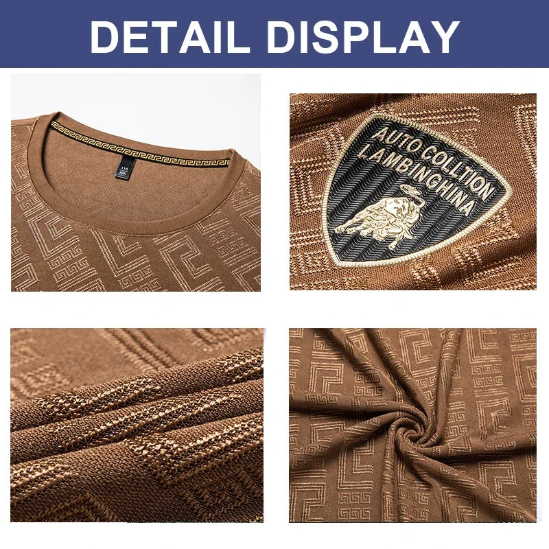 Summer Jacquard Ice Silk T-shirt for Men Short Sleeved Round Neck Casual Versatile Trendy Fashion T-shirt