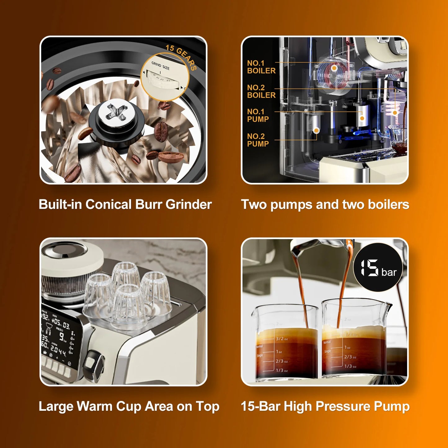 Mcilpoog TC520 Semi Automatic Coffee Machine with Grinder & Steamer, 6-Inch Large Display, Coffee Maker for Home and Office.