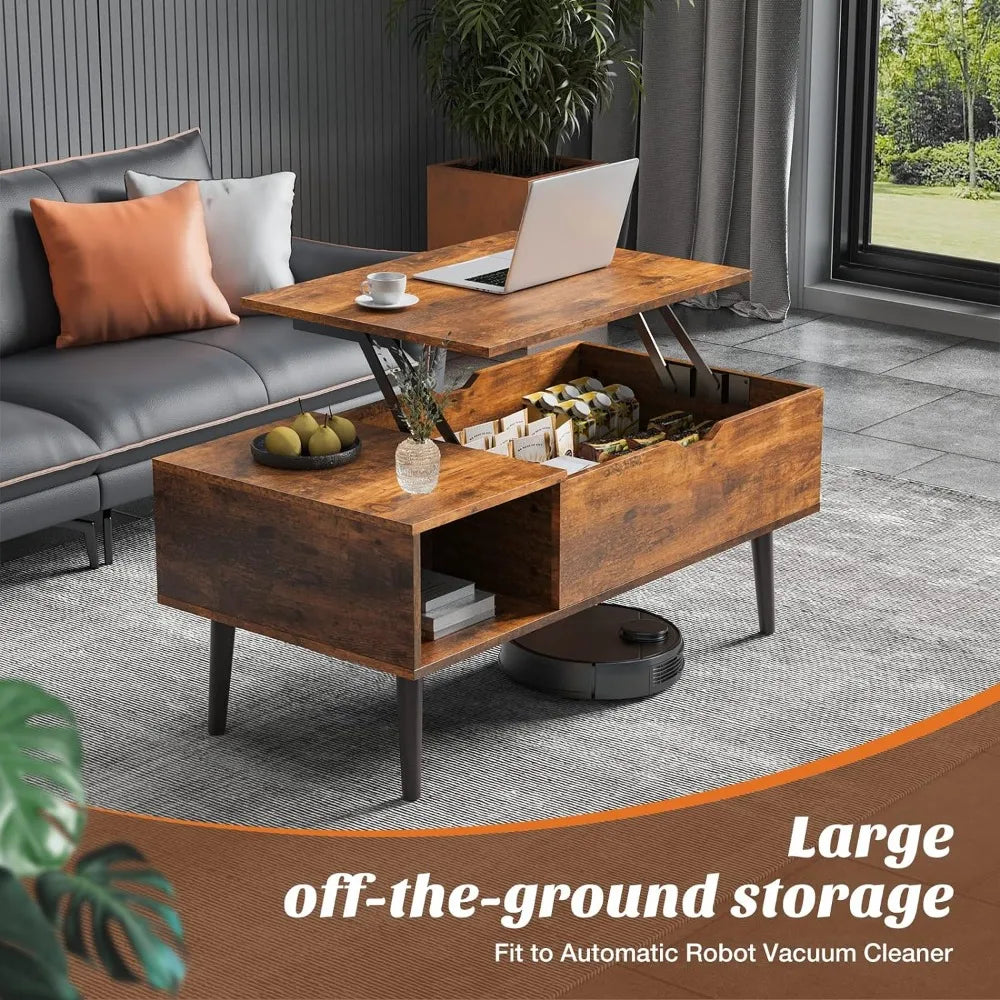 Coffee Table Brown, Lift Top Coffee Tables for Living Room, Small Rising Wooden Dining Center Tables with Storage Shelf