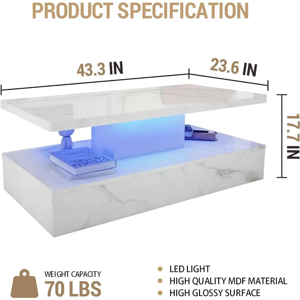 LED Coffee Table with High Gloss Surface, Modern White Coffee Table, with Remote Control, White Coffee Table for Living Room