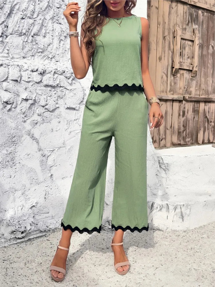 Summer Green Shirt Top Pants 2 Piece Set Fashion Casual Suit New 2024 Female Elegant Office Sweet Sets Women's Clothing Solid