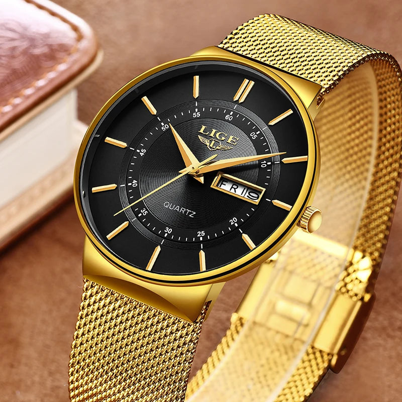 Relogio Masculino 2024 LIGE New Mens Watches Top Brand Luxury Ultra Thin Quartz Watch Men Steel Mesh Strap Waterproof Gold Watch