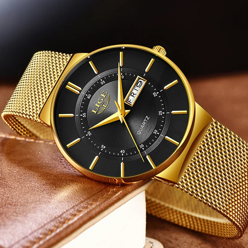 Relogio Masculino 2024 LIGE New Mens Watches Top Brand Luxury Ultra Thin Quartz Watch Men Steel Mesh Strap Waterproof Gold Watch