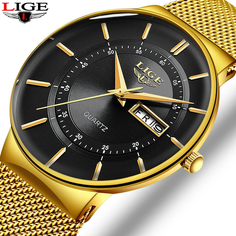 Relogio Masculino 2024 LIGE New Mens Watches Top Brand Luxury Ultra Thin Quartz Watch Men Steel Mesh Strap Waterproof Gold Watch