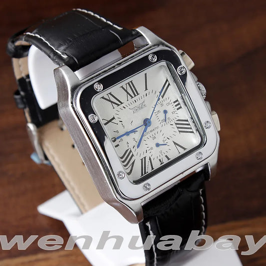 Men Automatic Mechanical Watch Simple Black White Leather Skeleton Watches Self Winding Male Reloj Classy Male Heren Horloge