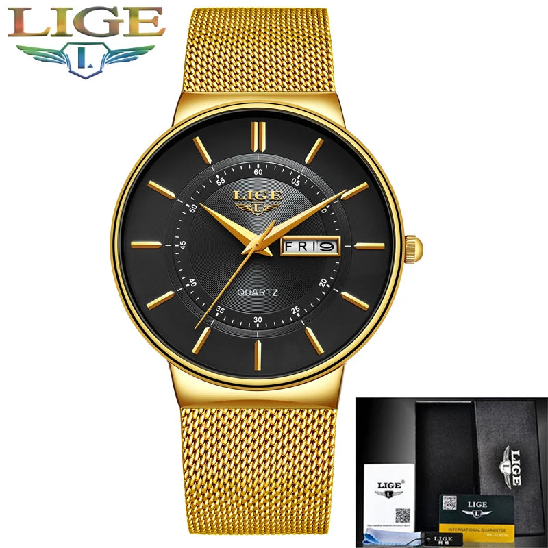 Relogio Masculino 2024 LIGE New Mens Watches Top Brand Luxury Ultra Thin Quartz Watch Men Steel Mesh Strap Waterproof Gold Watch