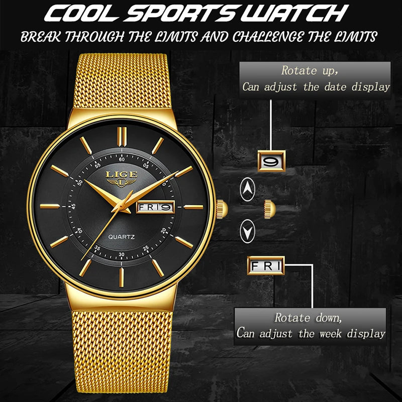 Relogio Masculino 2024 LIGE New Mens Watches Top Brand Luxury Ultra Thin Quartz Watch Men Steel Mesh Strap Waterproof Gold Watch