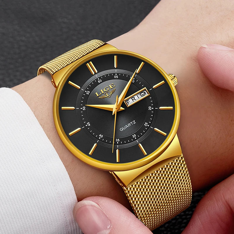 Relogio Masculino 2024 LIGE New Mens Watches Top Brand Luxury Ultra Thin Quartz Watch Men Steel Mesh Strap Waterproof Gold Watch