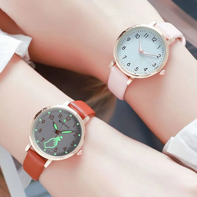 Women's Luminous Watches Night Glowing Casual Small Dial Ladies Finger Heart Watch Fashion Girls Pink Quartz Wristwatches Gifts