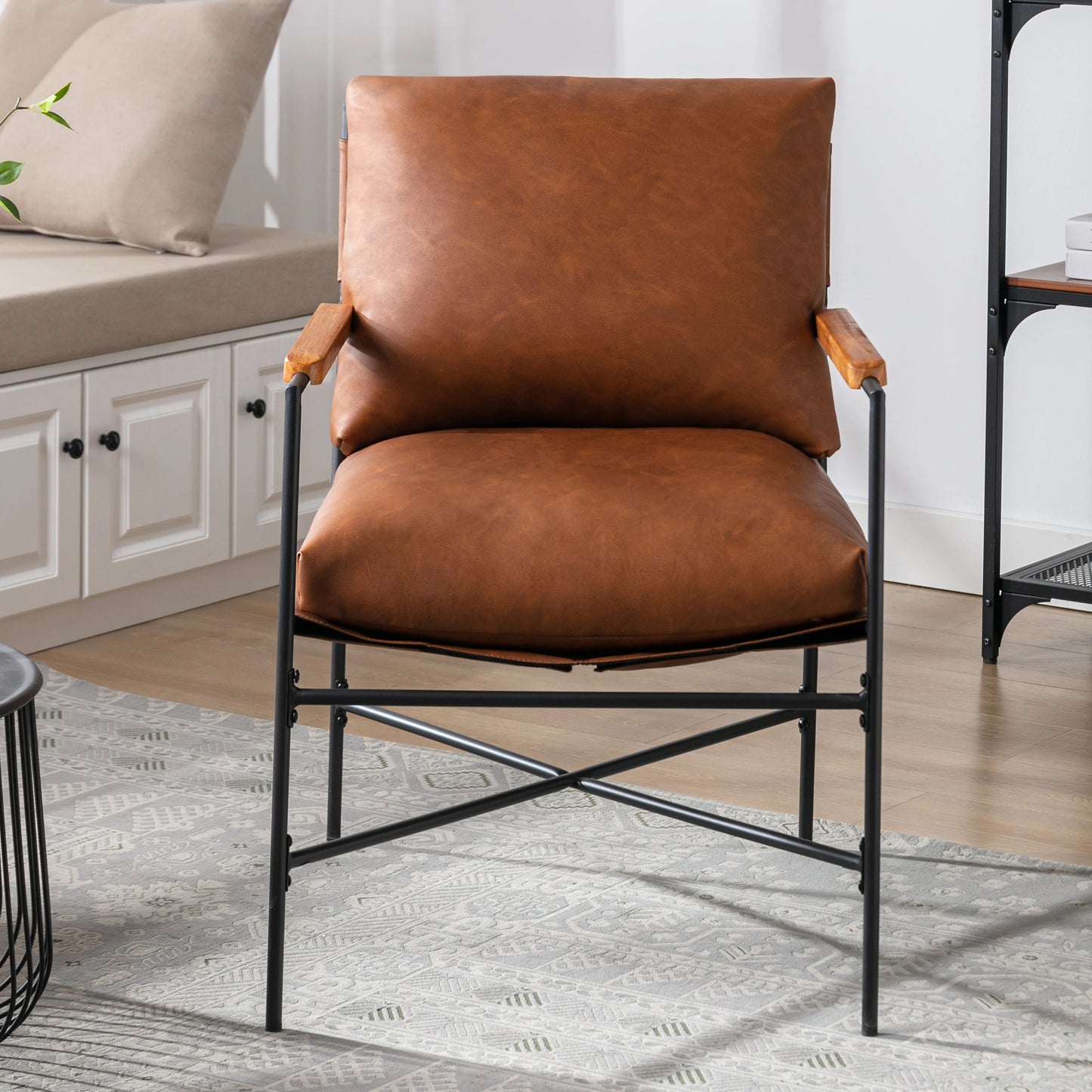Metal Frame Faux Leather Accent Chair with Thick Padded Backrest and Seat Cushion for Living Room Bedroom Brown/Cream PU[US-W]