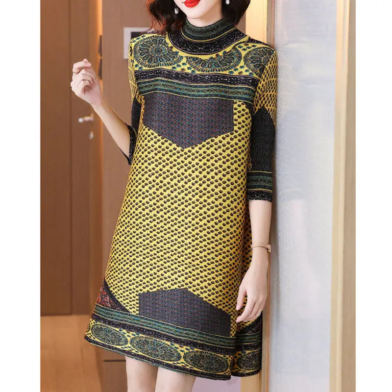 Vintage Printed Spliced Loose Folds Midi Dress Women's Clothing 2023 Autumn Winter Oversized Office Lady Ladies Dresses