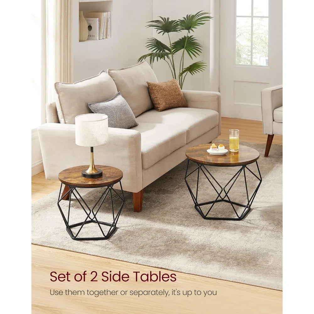 VASAGLE Small Coffee Table Set of 2, Round Coffee Table with Steel Frame, Side End Table for Living Room, Bedroom, Office