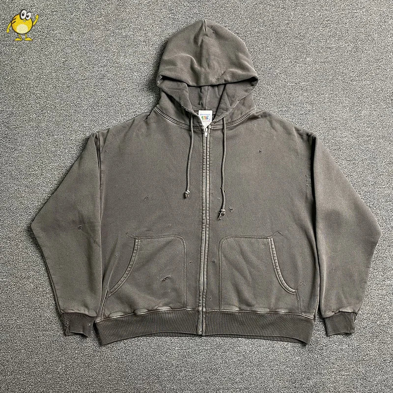 Top Quality Saint Zip Hoodies Men Woman Vintage Washed Do Old Damaged High Street Sweatshirts Hooded Pullovers