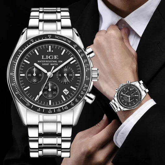 LIGE Mens Watches Business Fashion Quartz Wristwatch Stainless Steel Waterproof Chronograph Luminous Auto Date Watch for Men
