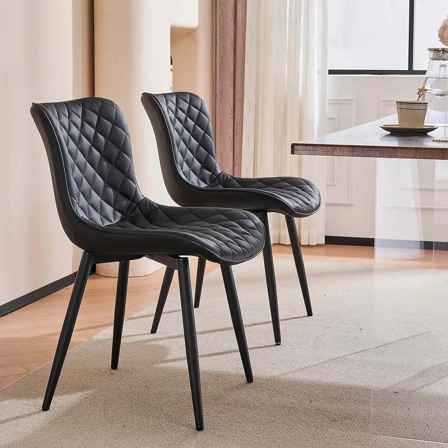YOUTASTE Black Dining Chairs Set of 2 Mid Century Modern PU Leather Diamond Upholstered Accent Guest Dinner Chair with Back