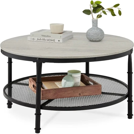 Best Choice Products 2-Tier 35.5in Round Industrial Coffee Table, Rustic Steel Accent Table for Living Room, w/Wooden Tabletop