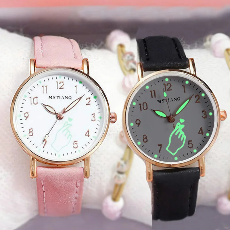 Women's Luminous Watches Night Glowing Casual Small Dial Ladies Finger Heart Watch Fashion Girls Pink Quartz Wristwatches Gifts