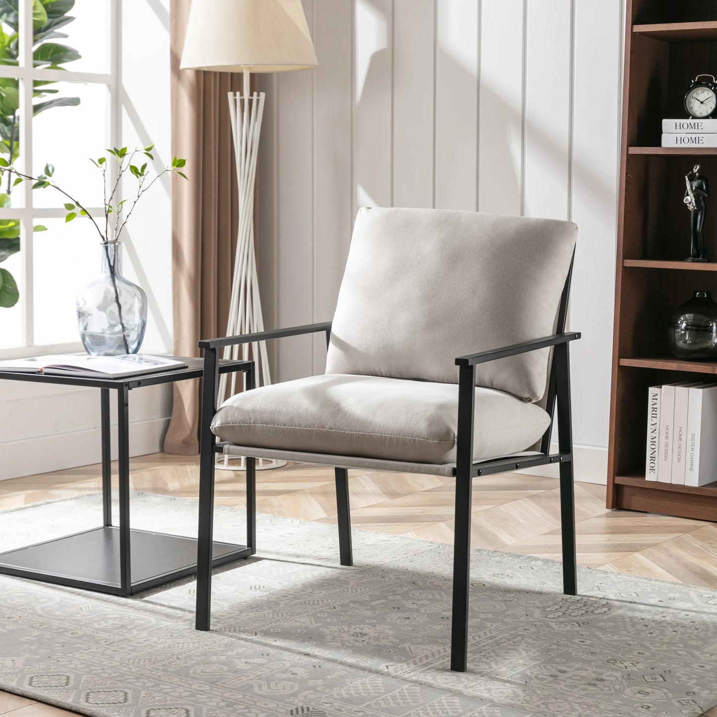 Metal Frame Faux Leather Accent Chair with Thick Padded Backrest and Seat Cushion for Living Room Bedroom Brown/Cream PU[US-W]