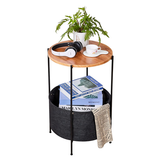 Round Side Table with Fabric Storage Basket Small End Table Nightstand for Living Room Bedroom Home Office[US-Stock]
