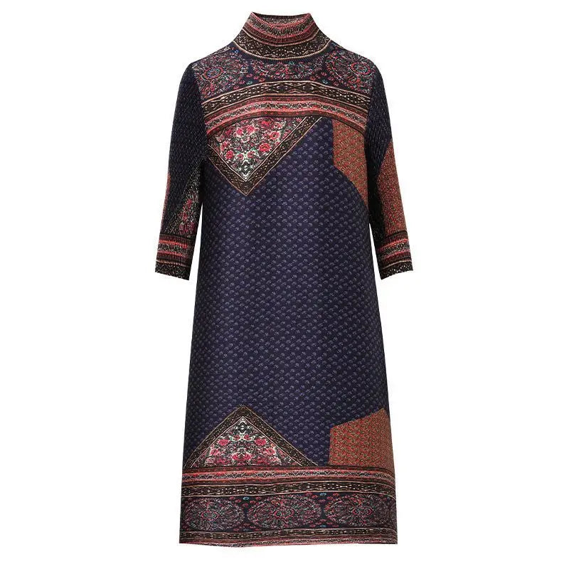 Vintage Printed Spliced Loose Folds Midi Dress Women's Clothing 2023 Autumn Winter Oversized Office Lady Ladies Dresses