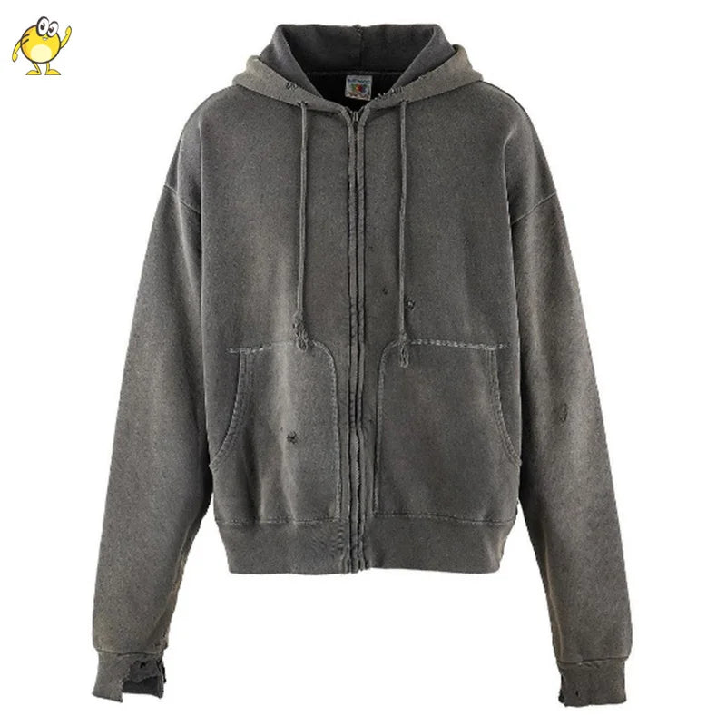 Top Quality Saint Zip Hoodies Men Woman Vintage Washed Do Old Damaged High Street Sweatshirts Hooded Pullovers