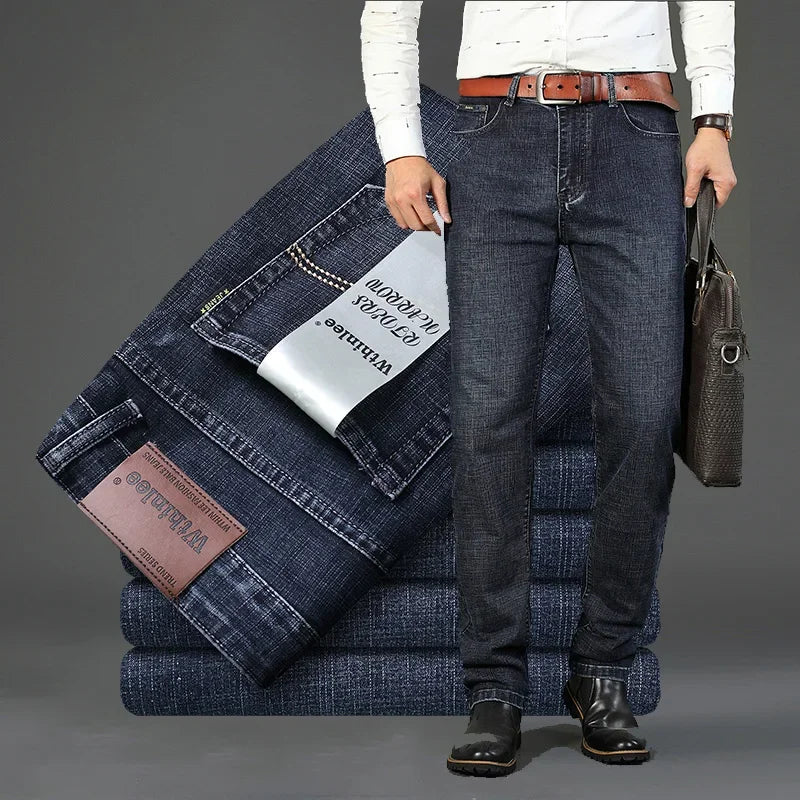 Business Cotton Mens Jeans Casual Straight Stretch Fashion Classic Blue Soft Comfortable Work Denim Trousers Male Brand Clothing