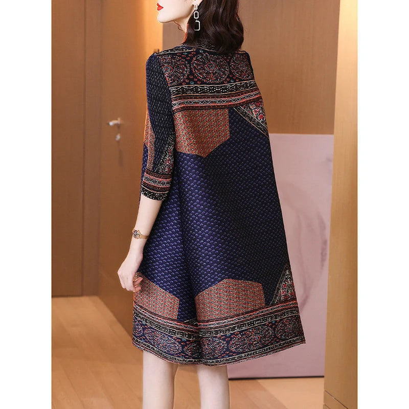 Vintage Printed Spliced Loose Folds Midi Dress Women's Clothing 2023 Autumn Winter Oversized Office Lady Ladies Dresses