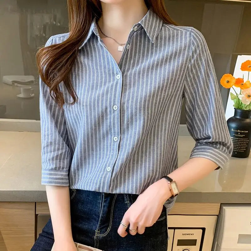 3/4 Sleeve Polo Collar Button Front Versatile Striped Shirt Autumn and Winter Version Commuter Women's Clothing