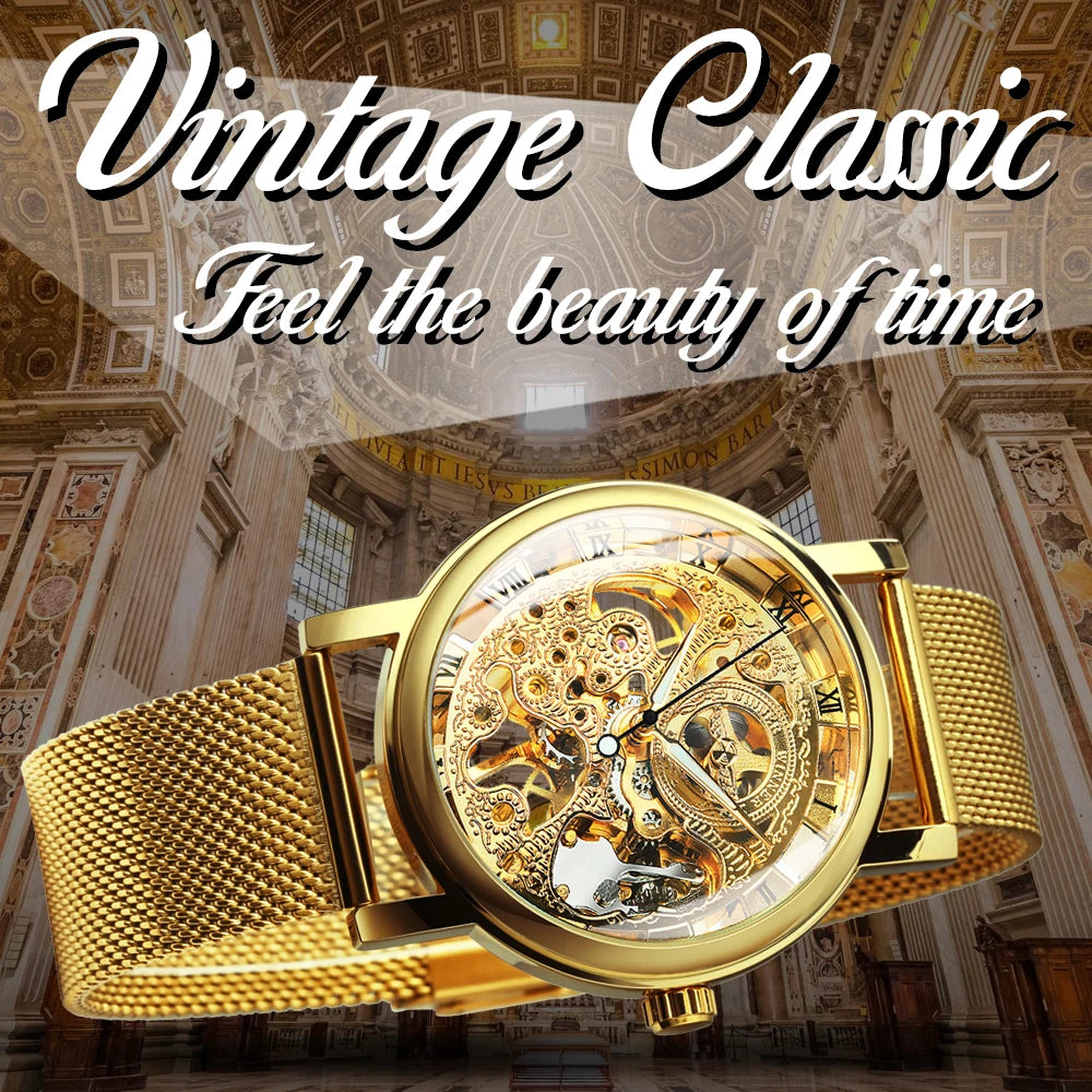Fashion Winner Top Brand Gold Mesh Steel Watch For Women Stylish Ladies Watches Luxury Female Mechanical Wristwatch Masculino