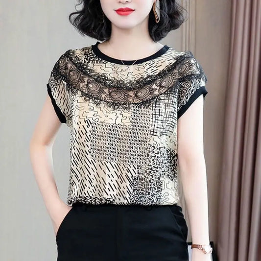 Vintage Printed O-Neck Spliced Hollow Out Lace Blouse Women's Clothing 2023 Summer New Oversized Casual Pullovers Commuter Shirt