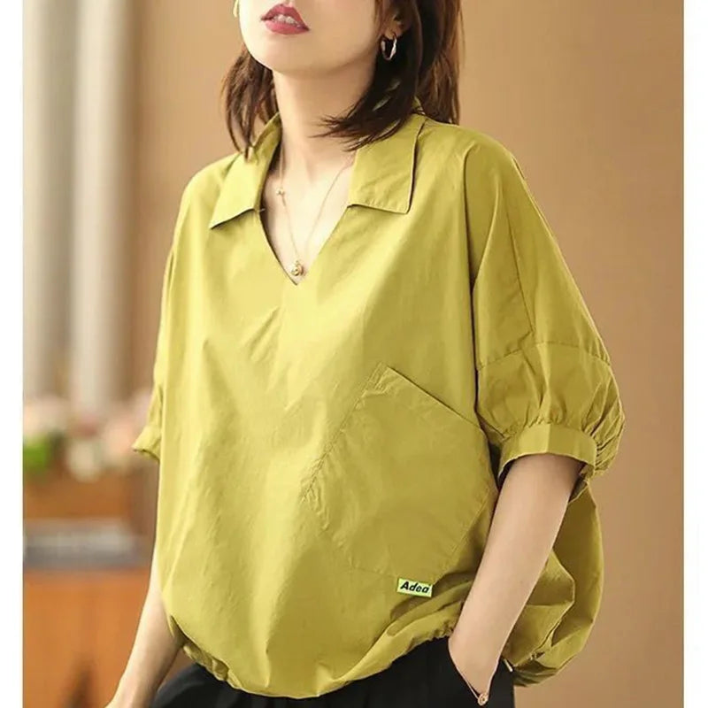 Fashion Solid Color Pockets Folds Asymmetrical Blouse Women's Clothing 2023 Autumn New Casual Pullovers All-match Commute Shirt