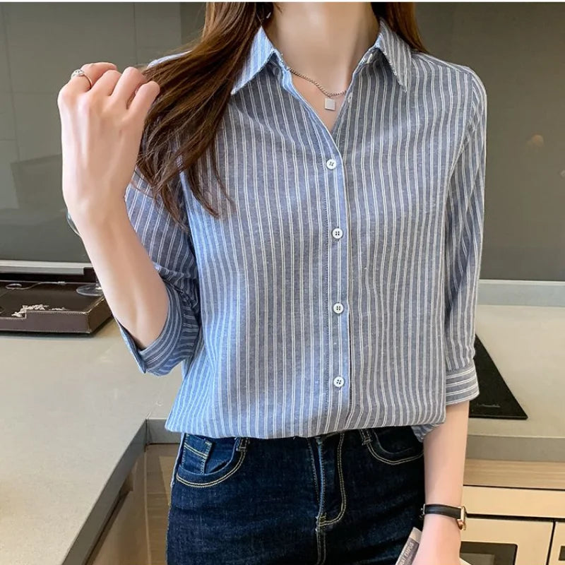 3/4 Sleeve Polo Collar Button Front Versatile Striped Shirt Autumn and Winter Version Commuter Women's Clothing