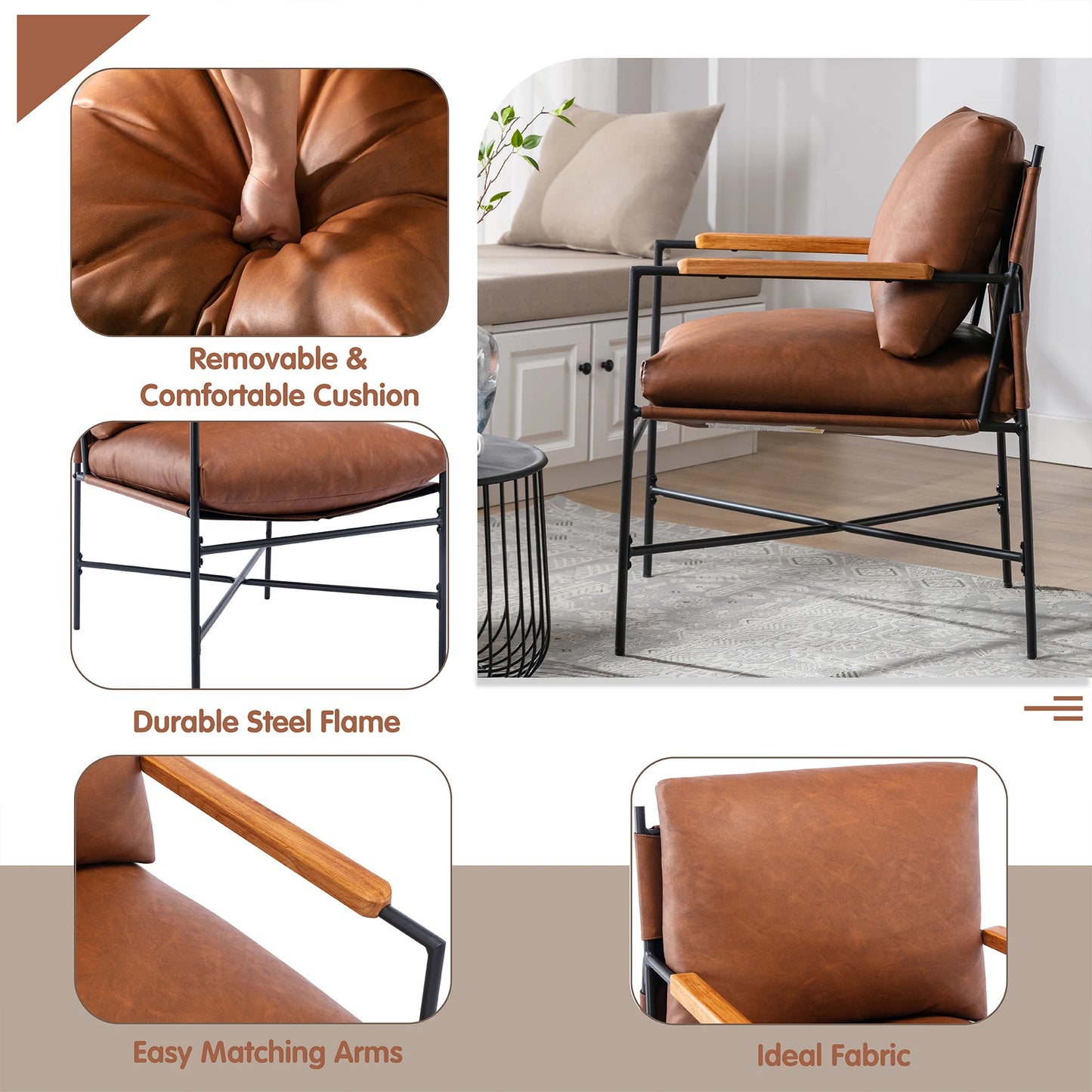 Metal Frame Faux Leather Accent Chair with Thick Padded Backrest and Seat Cushion for Living Room Bedroom Brown/Cream PU[US-W]