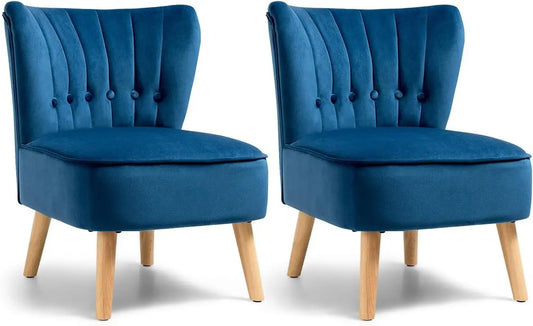Set of 2 Modern Velvet Accent Chair, Small Upholstered Leisure Sofa Chair w/Wood Legs, Thickly Padded and Button Tufted