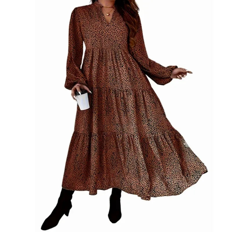 Women's Dress Long Casual Plus Size Leopard Fashion 1XL-5XL Print Tiered Long Dress Ladies Casual Notch Neck Long Sleeve Dress Women's Clothing