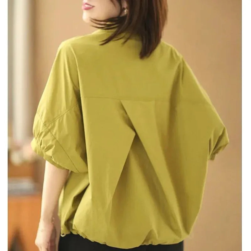 Fashion Solid Color Pockets Folds Asymmetrical Blouse Women's Clothing 2023 Autumn New Casual Pullovers All-match Commute Shirt