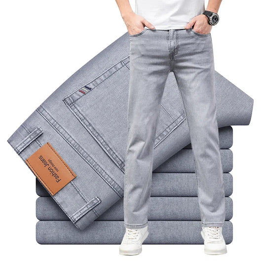 Summer Thin Men's Stretch Cotton Soft Denim Jeans Fashion Gray Business Slim Straight Casual Pants High Quality Brand Trousers