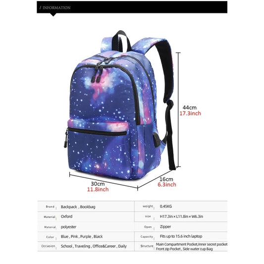 for Galaxy Backpack Bookbag for School College Laptop Travel Student Multi Compartment with USB Charging Port Anti theft