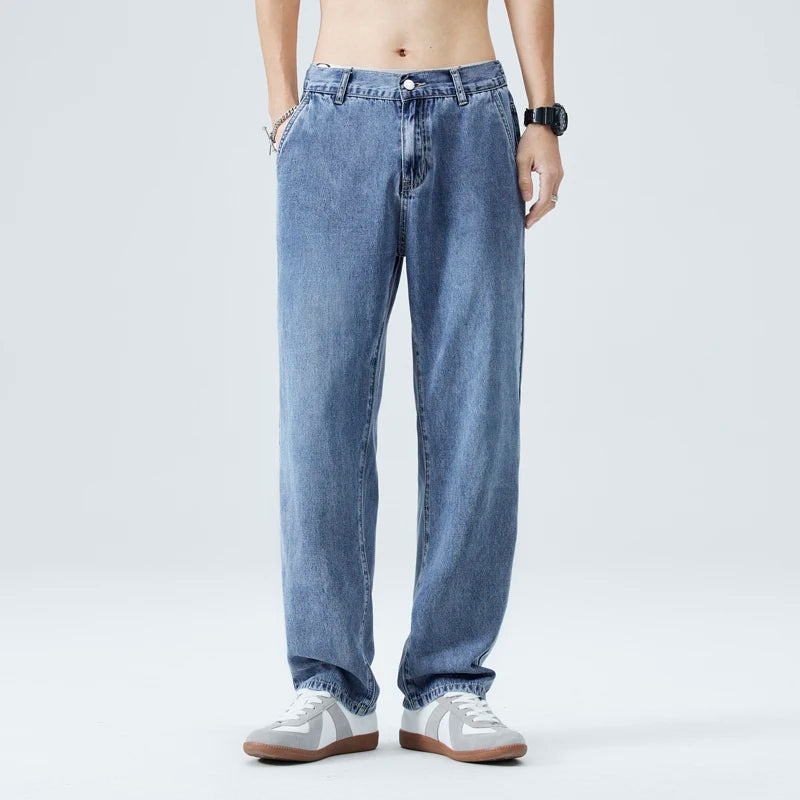 2024 New Style Summer Thin Lyocell Jeans for Men Youth Loose Straight Straight and Versatile Drapey Wide Leg Pants Korea