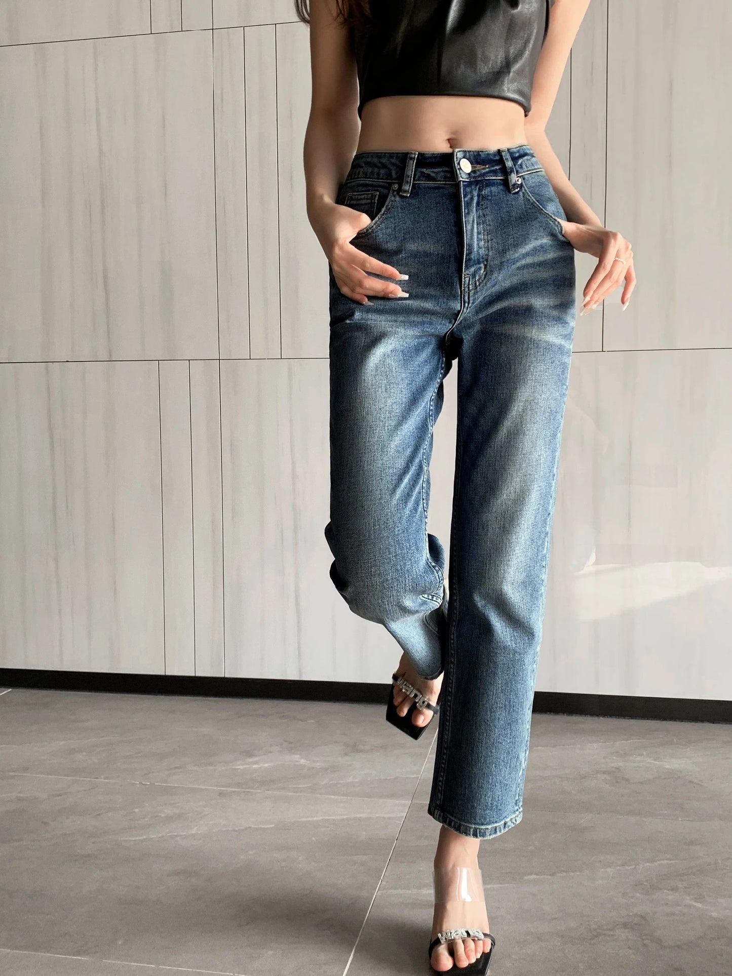 FRENCH ROMANCE  VINTAGE NEW FASHION Y2K SUMMER DENIM SLIM HIGHT-WAISTED NINE-POINT JEANS