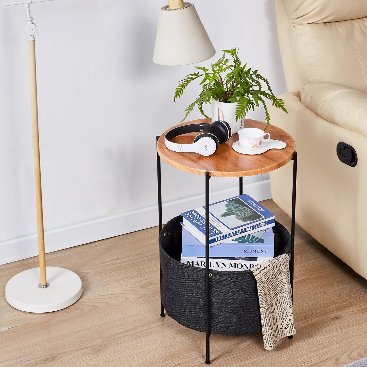 Round Side Table with Fabric Storage Basket Small End Table Nightstand for Living Room Bedroom Home Office[US-Stock]