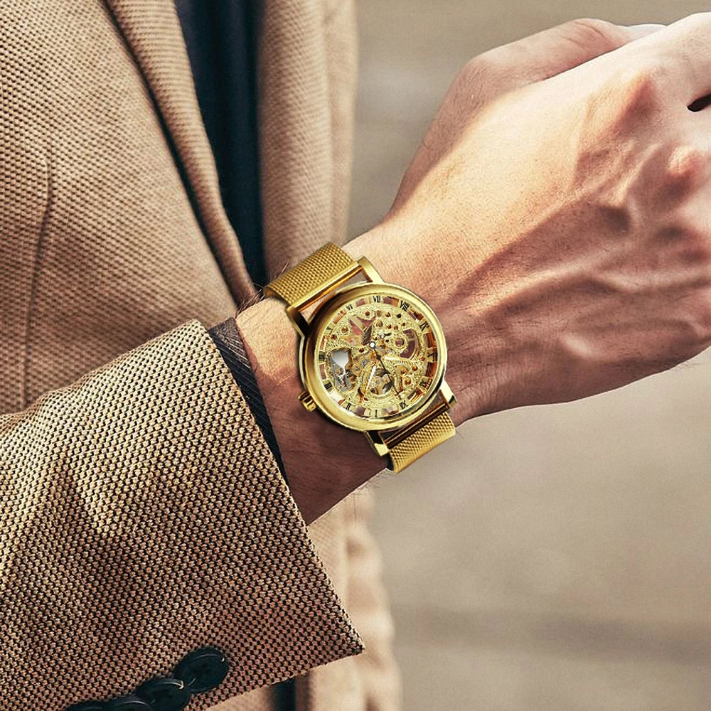 Fashion Winner Top Brand Gold Mesh Steel Watch For Women Stylish Ladies Watches Luxury Female Mechanical Wristwatch Masculino